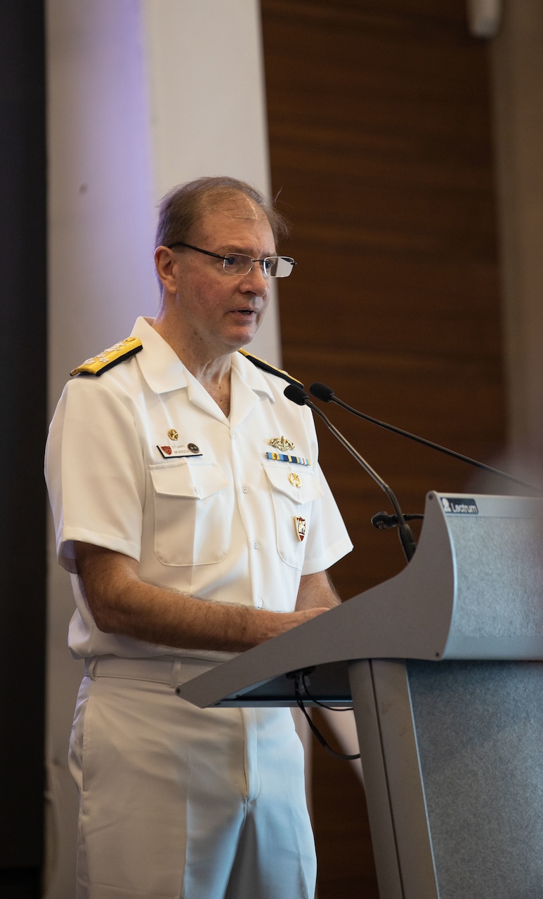 Adm. Stuart B. Munsch, Commander of U.S. Naval Forces Europe and Africa, gives opening remarks at the African Maritime Forces Summit (AMFS), Mar. 20, 2023. The African Maritime Forces Summit (AMFS), hosted by U.S. Naval Forces Europe and Africa (NAVEUR-NAVAF), is a strategic-level forum that brings African maritime and naval infantry leaders together with their international partners to address transnational maritime security challenges within African waters including the Atlantic Ocean, Indian Ocean, and Mediterranean Sea.