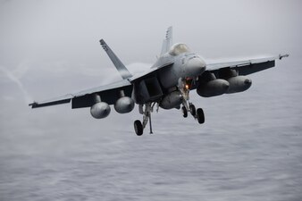 An F/A-18E Super Hornet from VFA-37 prepares to land aboard USS Gerald R. Ford (CVN 78) in the Atlantic Ocean.