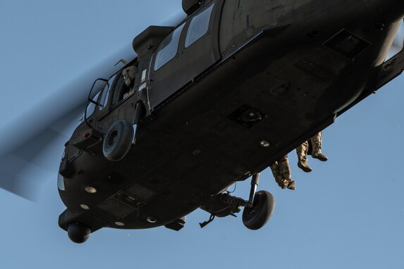 Army Reserve conduct rappel training onboard UH-60 Blackhawk