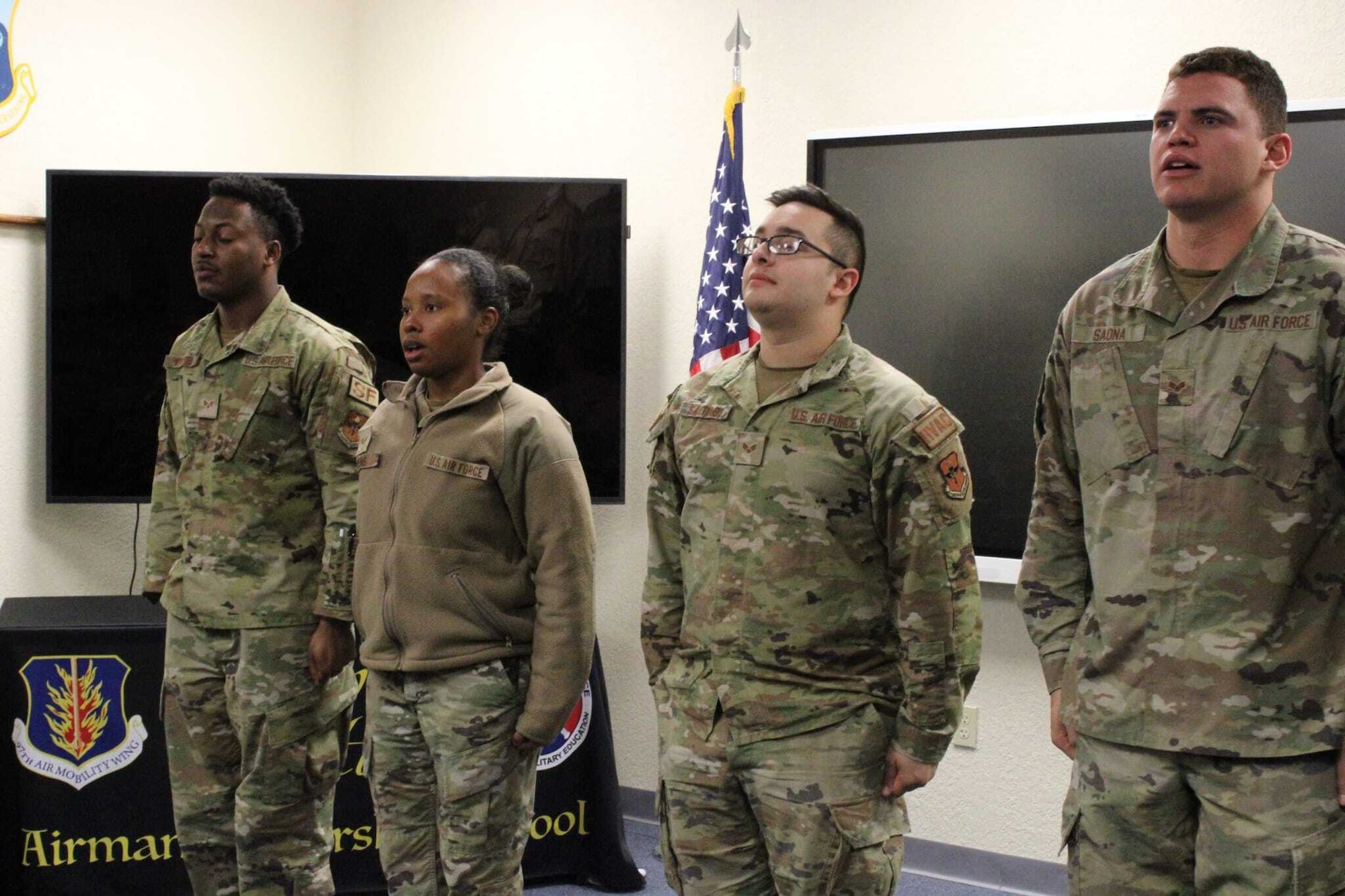 Airmen from Altus Air Force Base’s Airman Leadership School recite the Airman's Creed at Altus Air Force Base, Oklahoma, Feb. 1, 2023. The Airman’s Creed was introduced in 2007 with the intent of invigorating the warrior ethos in every Airman. (courtesy photo by Senior Airman Adrian Stoudmire