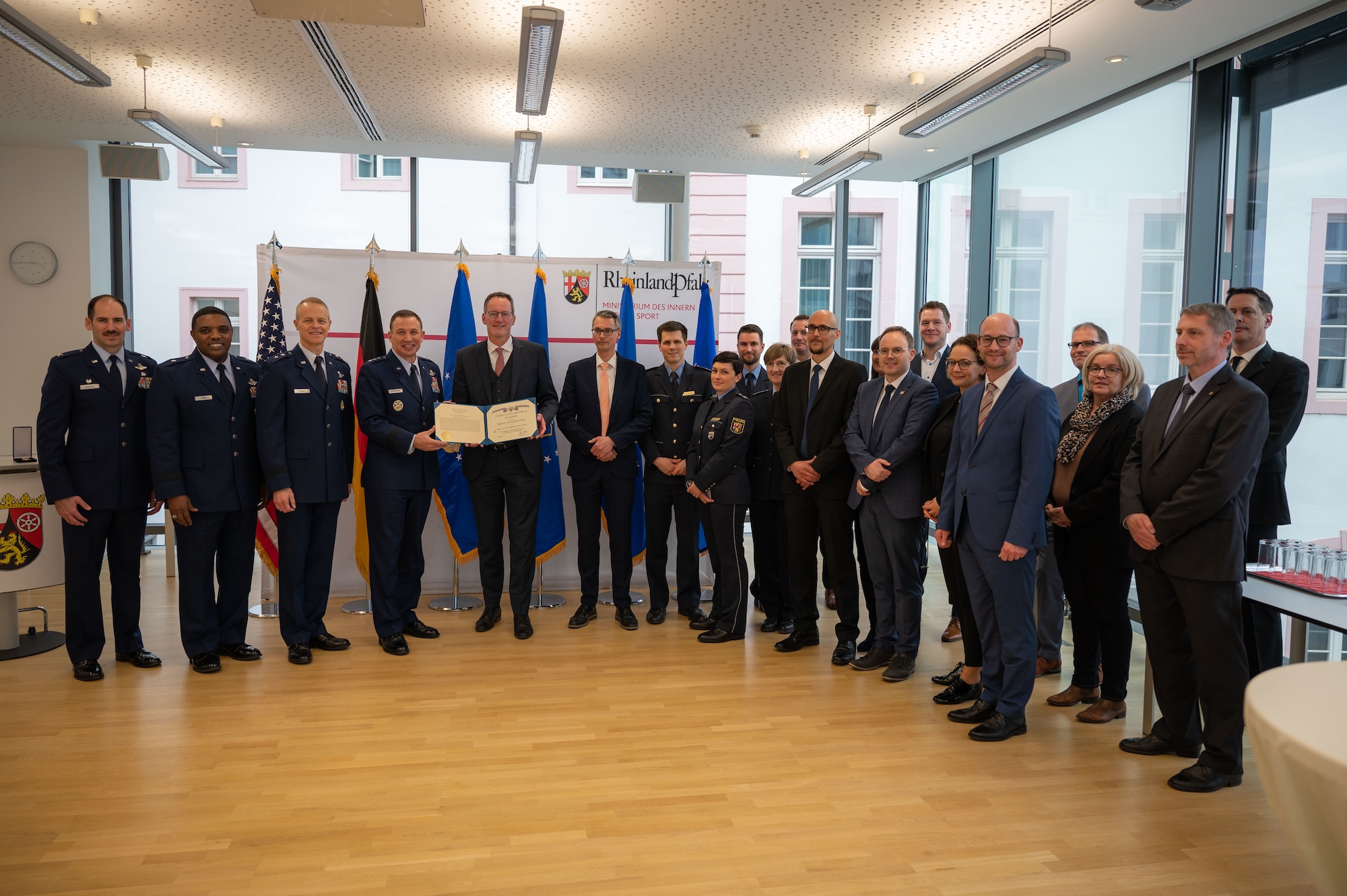The German Ministry of the Interior and for Sports of the State of Rheinland-Pfalz received the USAFE-AFAFRICA Medal of Distinction for outstanding support of the U.S. Air Force in Germany.