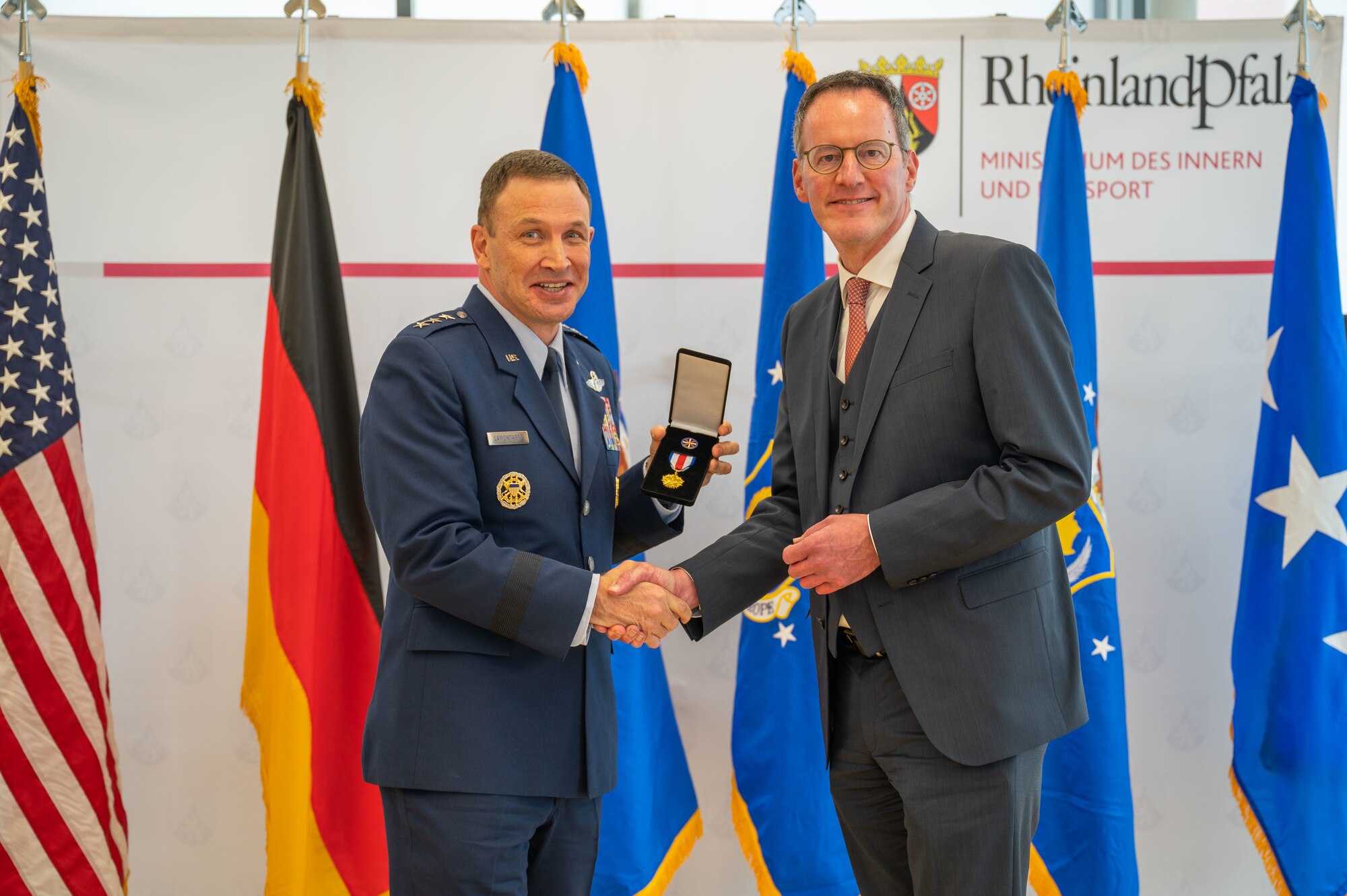 The German Ministry of the Interior and for Sports of the State of Rheinland-Pfalz received the USAFE-AFAFRICA Medal of Distinction for outstanding support of the U.S. Air Force in Germany.