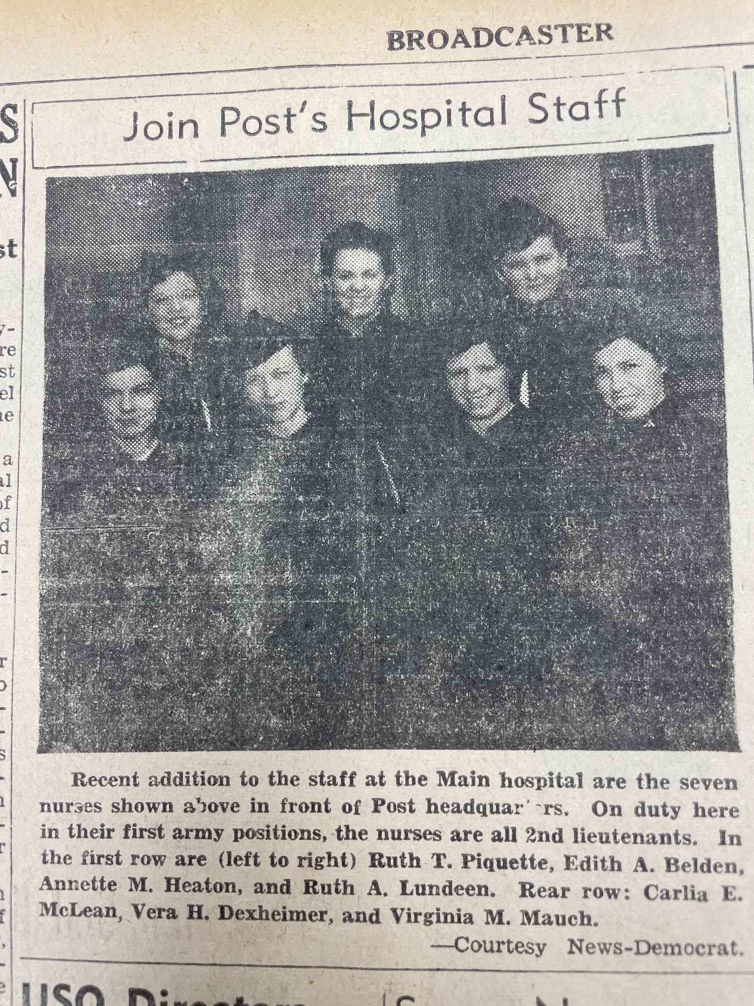 A newspaper clipping depicts seven new nurses joining the Scott Field hospital staff, Feb.11, 1942 on Scott Air Force Base, Illinois. (DoD photo by 1942 Scott AFB History)