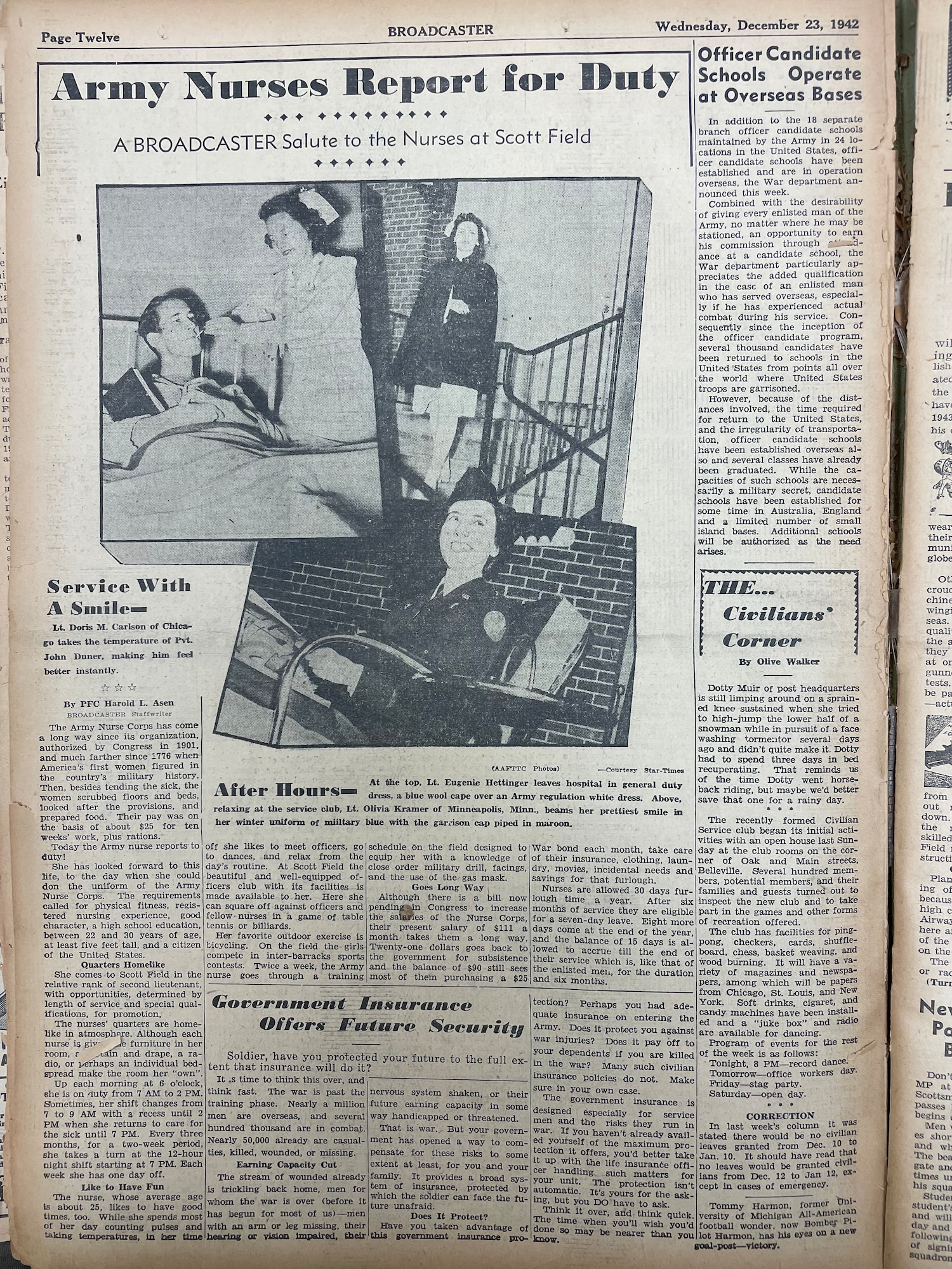 A newspaper clipping depicting a profile of an Army nurse stationed at Scott Field, Dec. 23, 1942 on Scott Air Force Base, Illinois. (DoD photo by 1942 Scott AFB History)