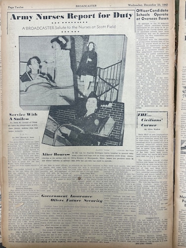 A newspaper clipping depicting a profile of an Army nurse stationed at Scott Field, Dec. 23, 1942 on Scott Air Force Base, Illinois. (DoD photo by 1942 Scott AFB History)
