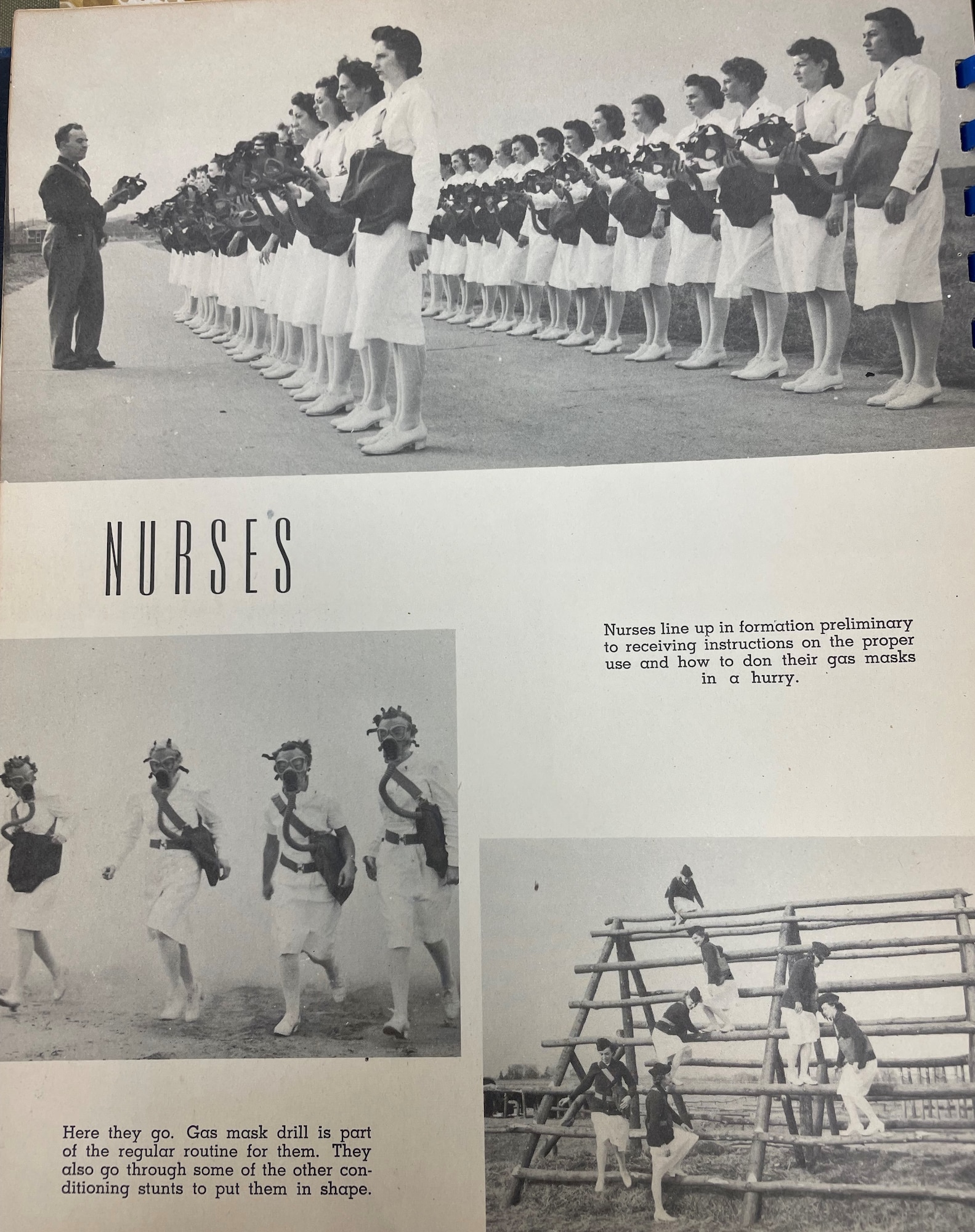 A yearbook clipping depicting Army nurses going through chemical warfare training at Scott Field in 1942 on Scott Air Force Base, Illinois. (DoD photo by 1942 Scott AFB History)
