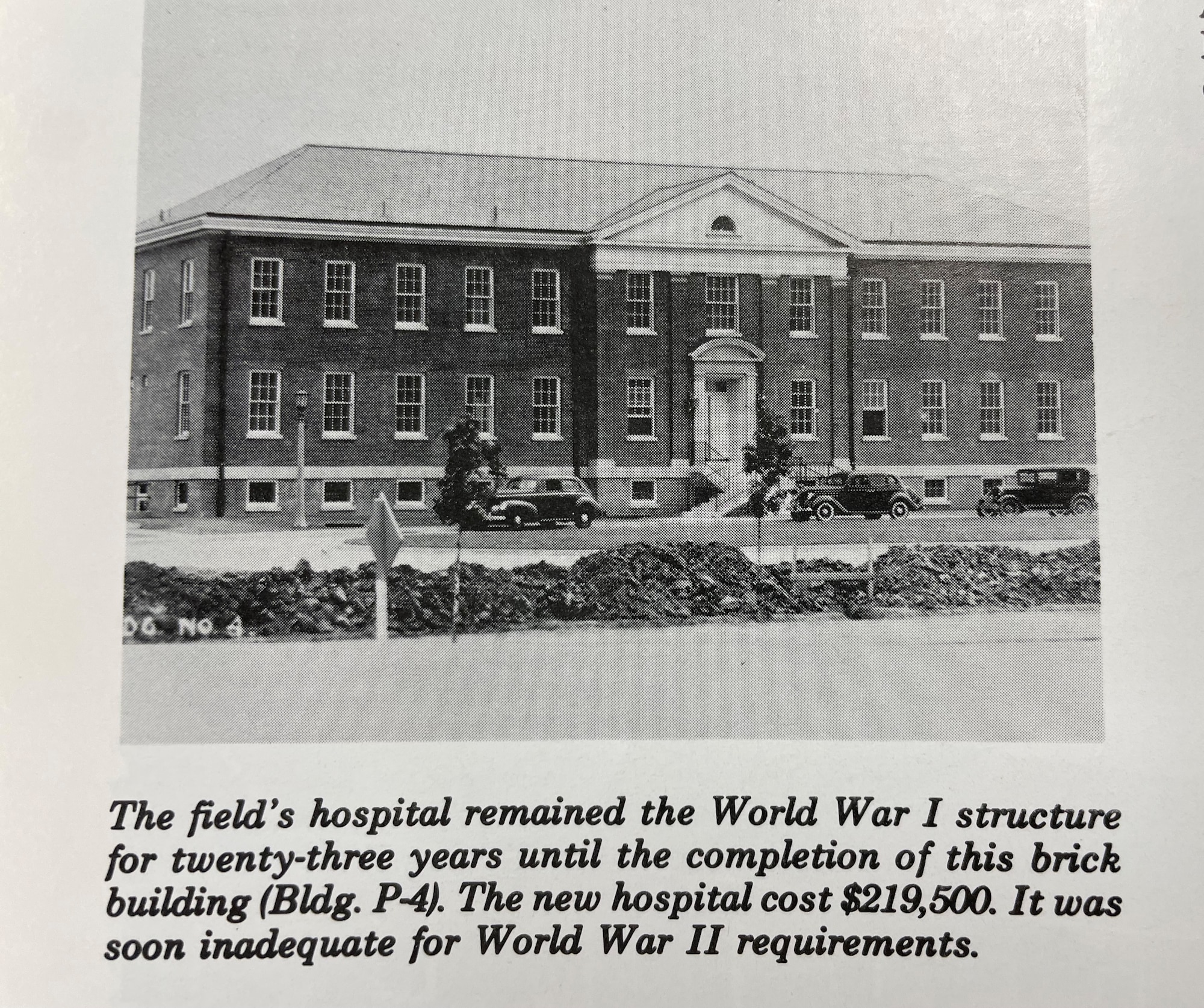 A clipping depicting a Scott Field hospital built in 1941 at Scott Air Force Base, Illinois. The building is now P-4, the headquarters for the 18th Air Force. (DoD photo by 1942 Scott AFB History)