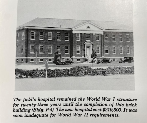 A clipping depicting a Scott Field hospital built in 1941 at Scott Air Force Base, Illinois. The building is now P-4, the headquarters for the 18th Air Force. (DoD photo by 1942 Scott AFB History)