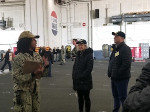 Rep. Jennifer Kiggans (R-Va.) and Rep. Brad Finstad (R-Minn.) receive a tour of USS Dwight D. Eisenhower (CVN 69) during Meet the Fleet, Feb. 13. The Navy Office of Legislative Affairs executes Meet the Fleet to educate new Members of Congress on Navy operations and provide them a unique opportunity to visit bases to observe platforms and speak with Sailors.