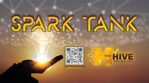Spark Tank graphic depicting a hand holding a futuristic light bulb, The Hive logo, and a QR code to submit innovative ideas.
