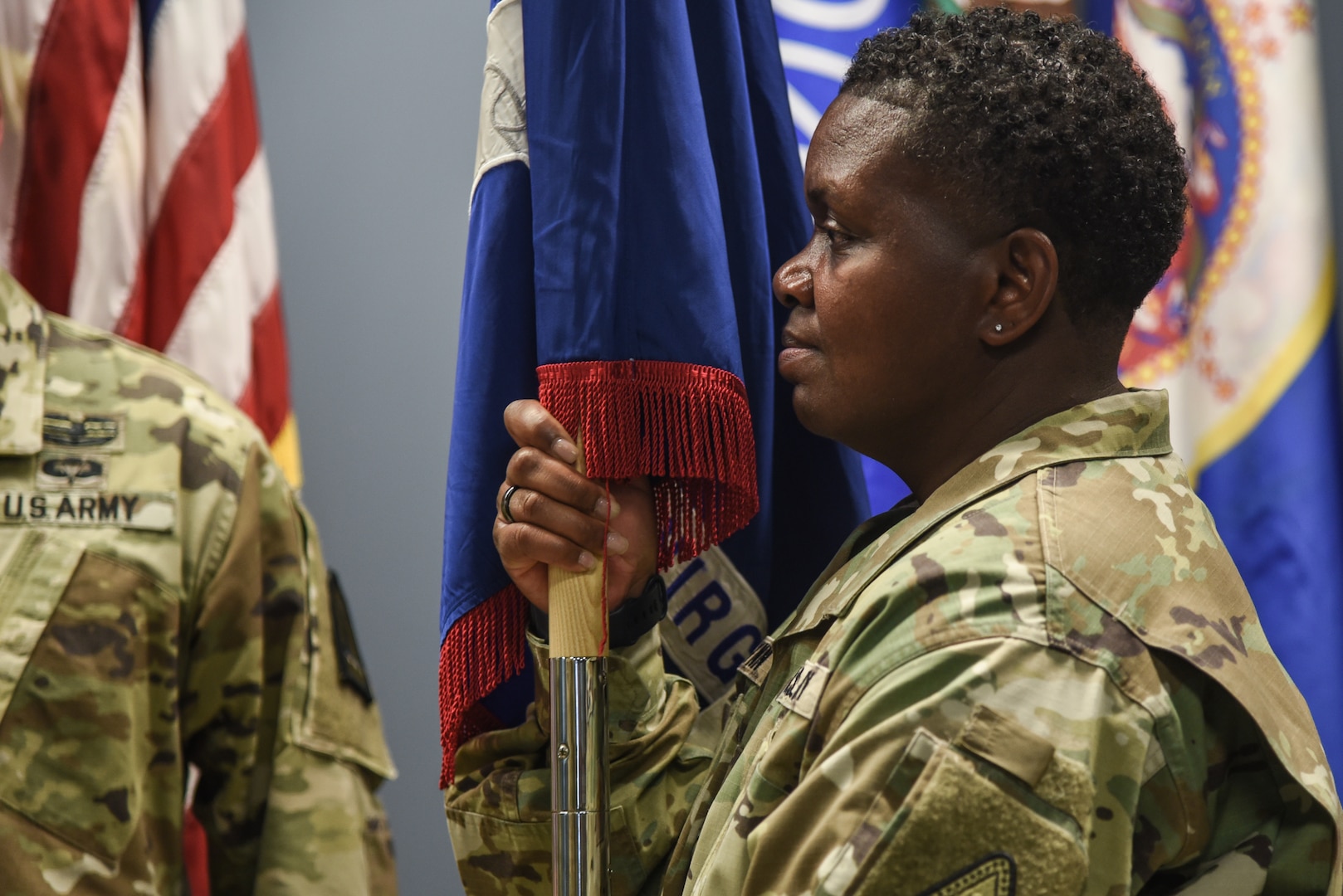 Maj. Kim D. Wynn takes command of the Virginia Army National Guard’s Fort Pickett-based Recruiting and Retention Battalion from Lt. Col. Scott A. Nivens during a ceremony March 3, 2023, at Fort Pickett, Virginia. Brig. Gen. K. Weedon Gallagher, Virginia National Guard Assistant Adjutant General - Army, presided over the change of command ceremony and the exchange of organizational colors signifying the transfer of command from Nivens to Wynn. (U.S. National Guard photo by Sgt. 1st Class Terra C. Gatti)