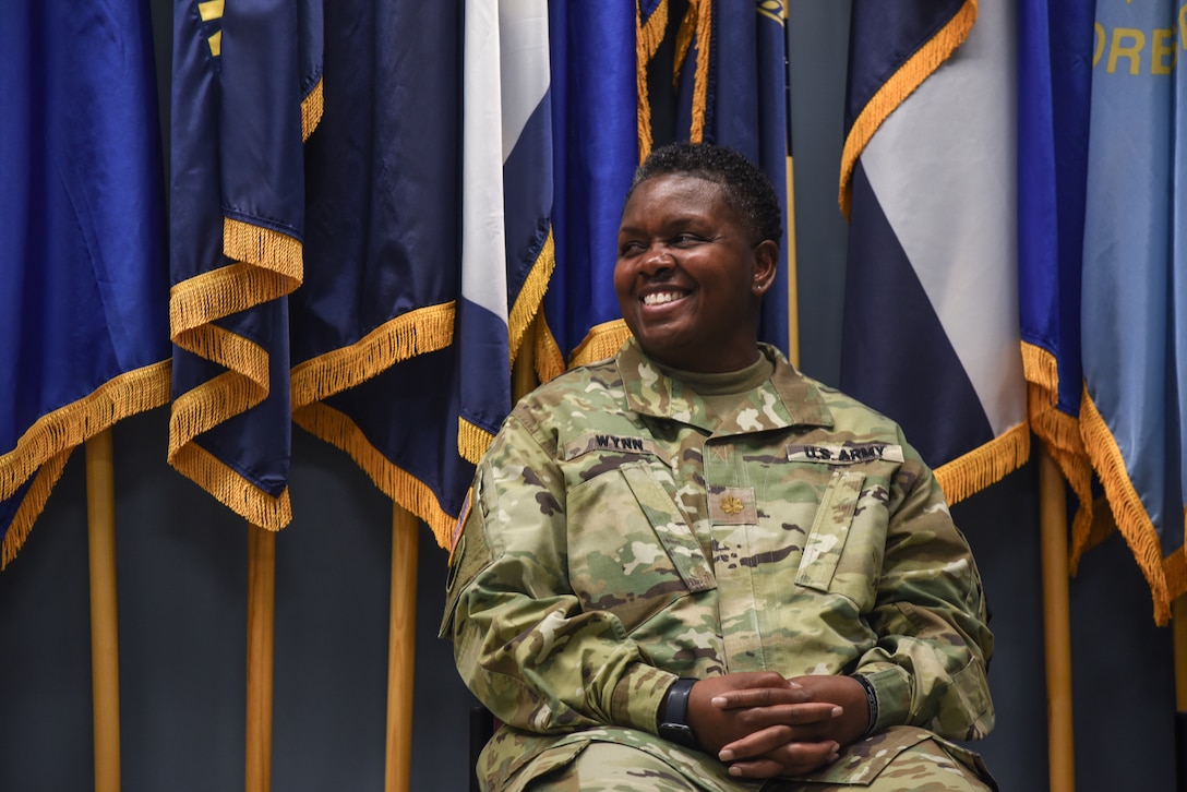 Maj. Kim D. Wynn takes command of the Virginia Army National Guard’s Fort Pickett-based Recruiting and Retention Battalion from Lt. Col. Scott A. Nivens during a ceremony March 3, 2023, at Fort Pickett, Virginia. Brig. Gen. K. Weedon Gallagher, Virginia National Guard Assistant Adjutant General - Army, presided over the change of command ceremony and the exchange of organizational colors signifying the transfer of command from Nivens to Wynn. (U.S. National Guard photo by Sgt. 1st Class Terra C. Gatti)