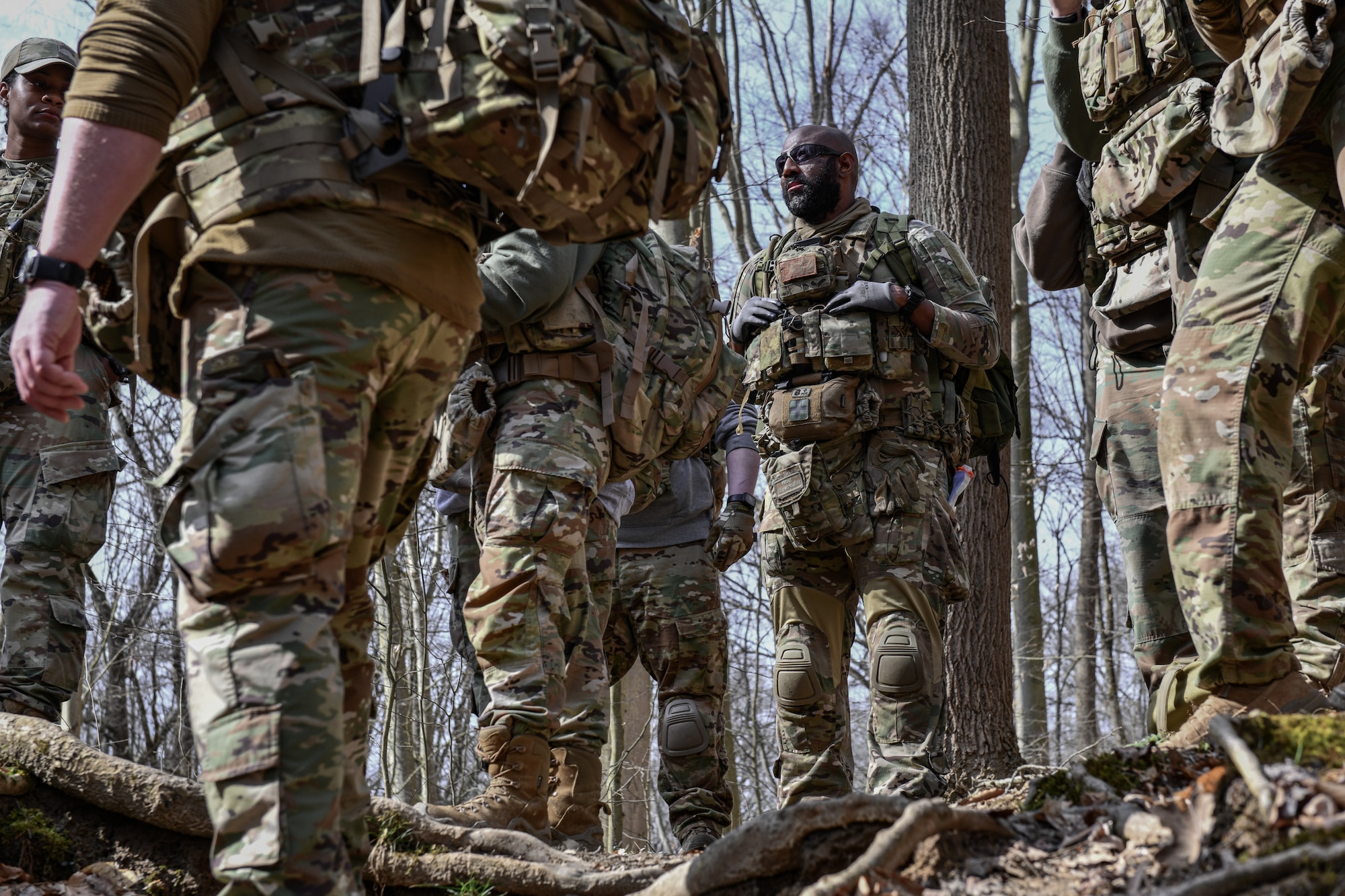Integrated Defense Leadership Course cadre trainees participate in a four-mile ruck march on March 6, 2023, at Boston Mill, Cuyahoga Valley National Park, Ohio.
