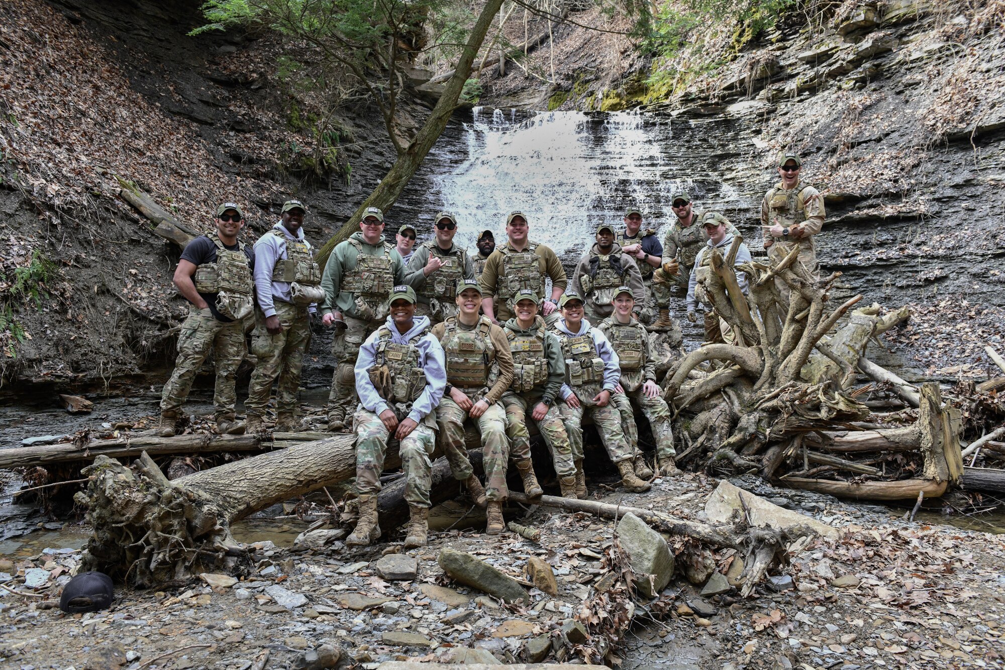 The Integrated Defense Leadership Course cadre team poses for a photo on March 6, 2023, at Boston Mill, Cuyahoga Valley National Park, Ohio.