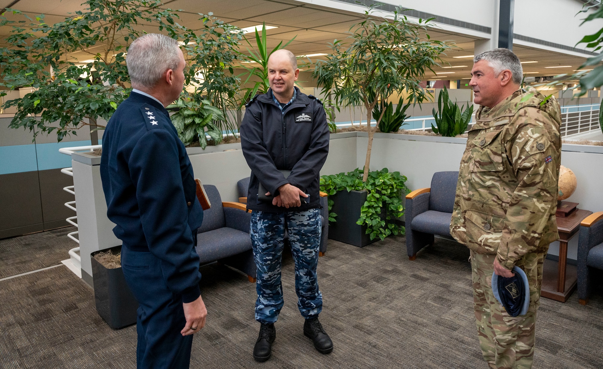United States Space Force Lt. Gen. Stephen Whiting, the Space Operations Command commander welcomed Air Commodore Angus Porter, Australian Embassy Air and Space Attaché at Peterson Space Force Base, Colo. Mar. 17th, 2023. Porter met with key leadership and became familiarized with the mission of Space Operations Command. Partnerships like these keep us strong and ready. Ultimately, leveraging our international partnerships ensures SpOC keeps our capabilities progressing at the speed of relevance.  (U.S. Space Force photo by SSgt Jose Rodriguez)
