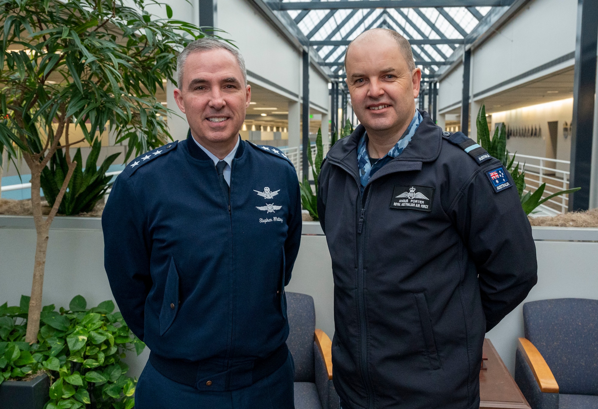 United States Space Force Lt. Gen. Stephen Whiting, the Space Operations Command commander welcomed Air Commodore Angus Porter, Australian Embassy Air and Space Attaché at Peterson Space Force Base, Colo. Mar. 17th, 2023. Porter met with key leadership and became familiarized with the mission of Space Operations Command. Partnerships like these keep us strong and ready. Ultimately, leveraging our international partnerships ensures SpOC keeps our capabilities progressing at the speed of relevance.  (U.S. Space Force photo by SSgt Jose Rodriguez)