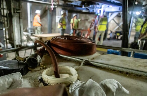 Red Hill Bulk Fuel Storage Facility (RHBFSF) contractors pump testing water into a fuel pipe during hydrostatic testing at Halawa, Hawaii, March 14, 2023. Hydrostatic testing is an effective method for examining the safety and durability of pipes and pressure vessels. Joint Task Force-Red Hill is in phase three of its five-phase defueling plan, as contractors and Navy technical experts complete repairs to ensure a safe and expeditious defueling of the RHBFSF. (U.S. Marine Corps photo by Sgt. Sarah Stegall)