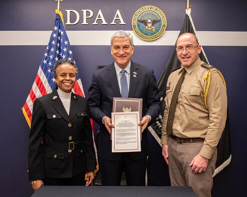  The Defense POW/MIA Accounting Agency Director (DPAA), Mr. Kelly McKeague (center) is joined by the DPAA Principal Deputy Director Ms. Fern Sumpter-Winbush (left) and Senior Defense Official and Defense Attaché to Indonesia, U.S. Army Colonel Theodore Liebreich after signing the framework of agreement, March 21, 2023, Arlington, Virginia. The framework permits the first DPAA joint research and survey mission later this year of Americans missing from World War II in Indonesia.