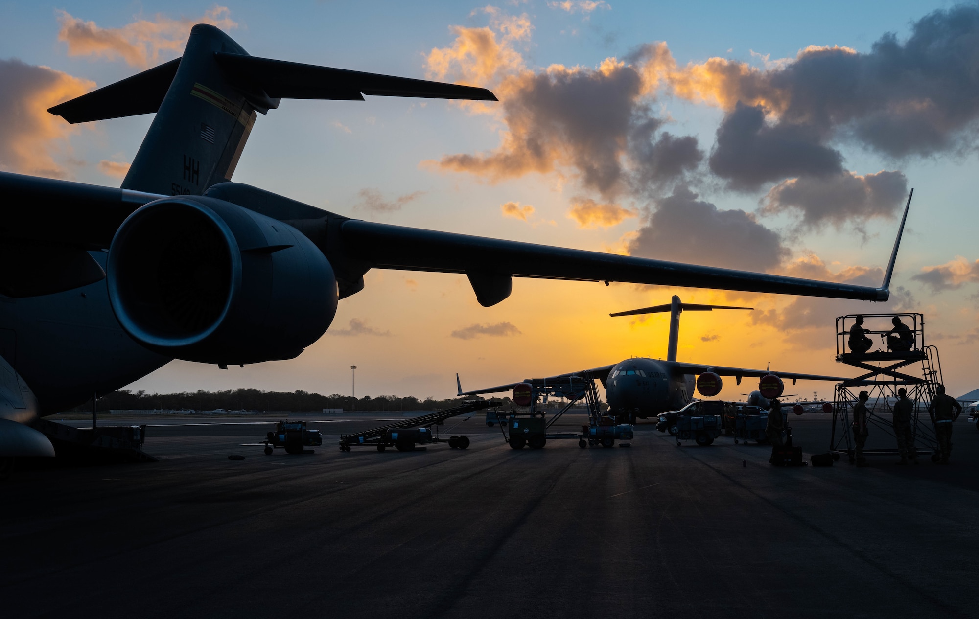 Cargo sits on the flight line to be loaded on a C-17 Globemaster III at Joint Base Pearl Harbor-Hickam, Hawaii, during the Joint Base Readiness Exercise, March 1, 2023. JBRE is the largest exercise the 15th Wing has executed in over a decade including over eight other participating units throughout the Pacific. (U.S. Air Force photo by Senior Airman Makensie Cooper)