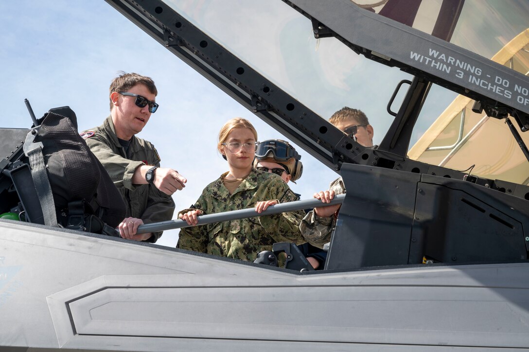 Civil Air Patrol and United States Naval sea cadets receive an up close and personal look at a Navy VX-9 F-35C during a tour of Edwards Air Force Base hosted by the Air Force Operational Test and Evaluation Center Detachment 5, March 17.
