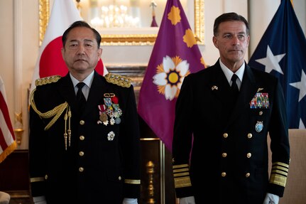 TOKYO (March 19, 2023) Gen. Kōji Yamazaki, Chief of Staff, Joint Staff of the Japan Self-Defense Forces, joins Adm. John C. Aquilino, Commander U.S. Indo-Pacific Command, at a ceremony presenting Yamazaki with the Legion of Merit in Tokyo. Yamazaki received the award for exceptionally meritorious service, where his professionalism, initiative and dedication to duty resulted in significant advancements in the United States-Japan mutual security partnership, expansions to the Self-Defense Forces contributions regionally and globally, updates to force posture and continuous bilateral information exchange. (U.S. Navy photo by Chief Mass Communication Specialist Shannon M. Smith)