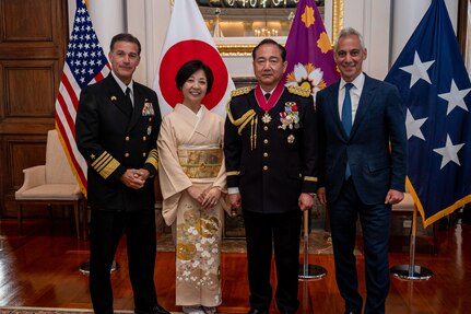 TOKYO (March 19, 2023) 
Adm. John C. Aquilino, Commander U.S. Indo-Pacific Command, Mrs. Yamazaki, Gen. Kōji Yamazaki, Chief of Staff, Joint Staff of the Japan Self-Defense Forces, and U.S. Ambassador to Japan Rahm Emanuel take a group photo following a ceremony where Yamazaki received the Legion of Merit. Yamazaki received the award for exceptionally meritorious service, where his professionalism, initiative and dedication to duty resulted in significant advancements in the United States-Japan mutual security partnership, expansions to the Self-Defense Forces contributions regionally and globally, updates to force posture and continuous bilateral information exchange. (U.S. Navy photo by Chief Mass Communication Specialist Shannon M. Smith)