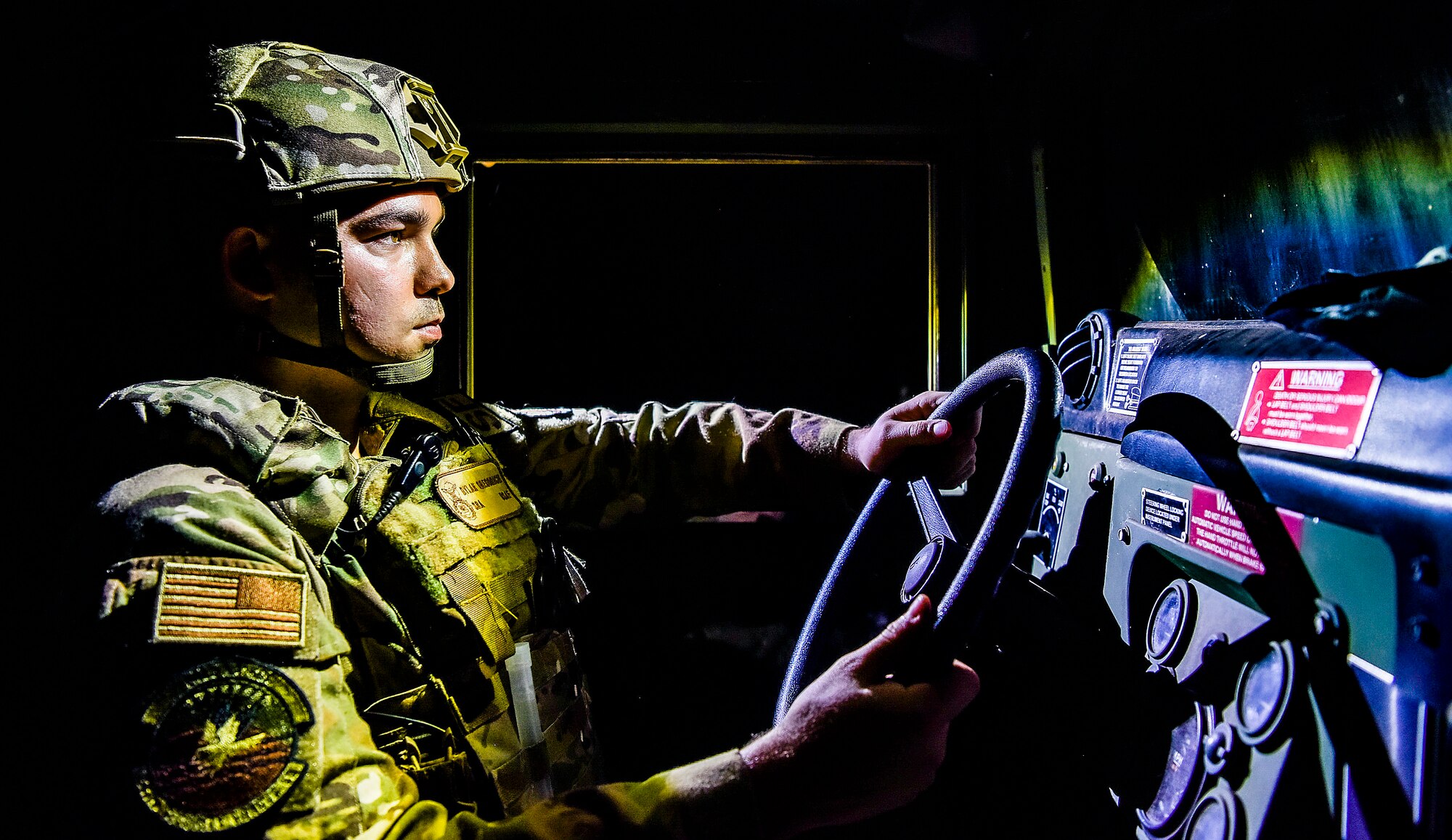Senior Airman Dylan Gregorich, 647th Security Forces Squadron member, provides security in a Humvee for airmen and assets during a night-time defend-the-base training scenario at a forward operating base at Joint Base Pearl Harbor-Hickam, Hawaii, during the Joint Base Readiness Exercise, Mar. 6, 2023. As the largest career field in the Air Force, it’s the job of Security Forces to protect, defend and fight. JBRE is the wing’s annual exercise designed to demonstrate the Hickam’s capability to deploy wing and tenant unit assets in support of USINDOPACOM operations.
(U.S. Air Force photo by Tech. Sgt. Anthony Nelson Jr.)