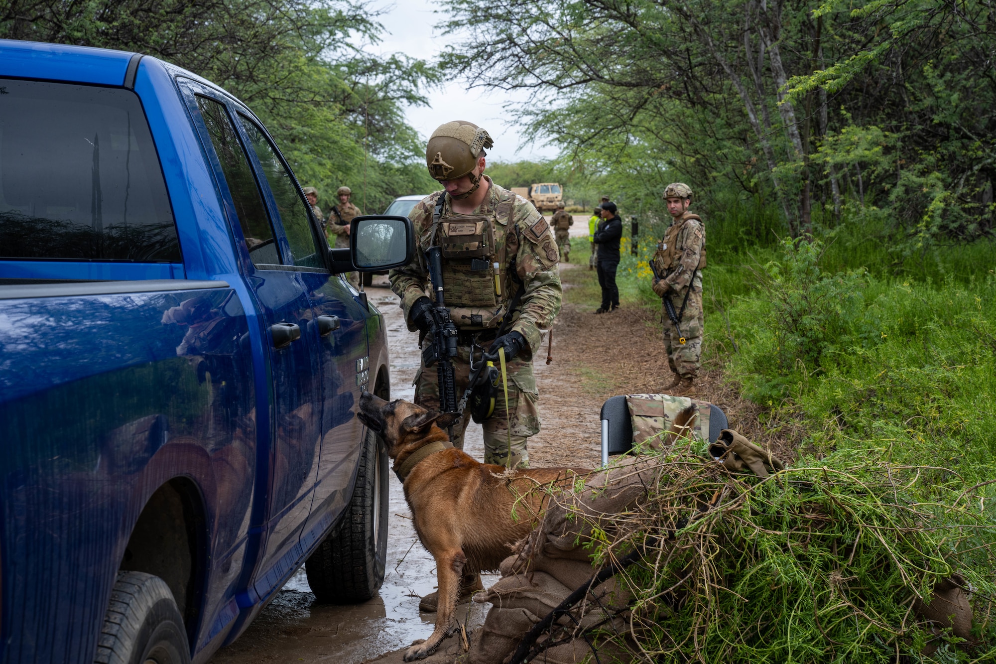 Staff Sgt. Tyler Parish, 647th Security Forces Squadron Military Working Dog handler, and MWD Joker inspect a vehicle during a simulated perimeter breach during Joint Base Readiness Exercise 23-01 at Joint Base Pearl Harbor-Hickam, Hawaii, March 7, 2023. The 15th Wing trains to operate, fight and advance its capabilities through realistic training exercises designed to test and develop joint logistics, resilience and rapid strategic mobility. (U.S. Air Force photo by SrA Makensie Cooper)