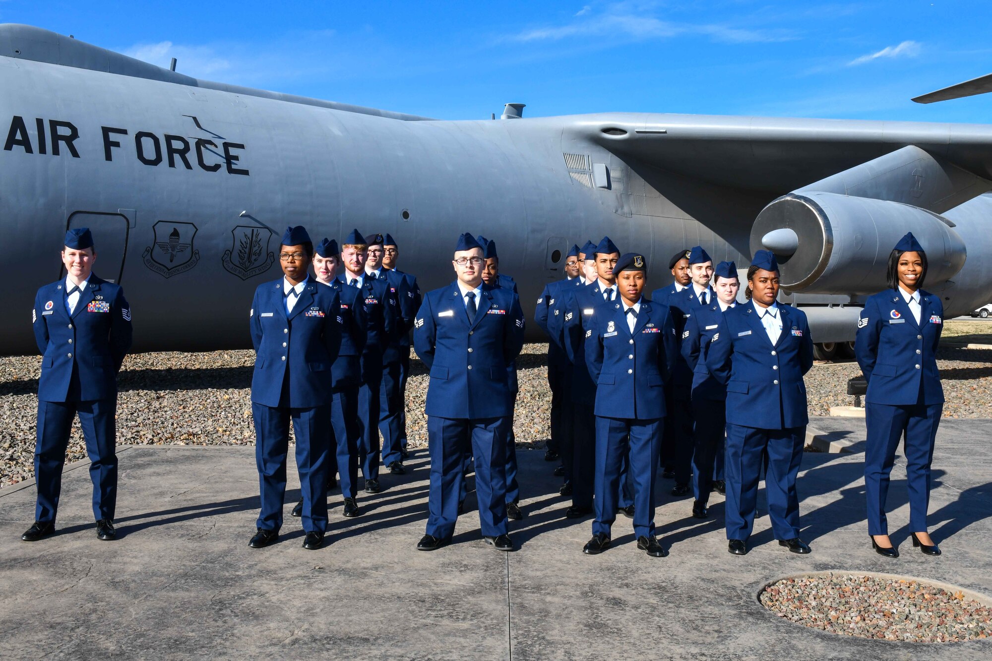 Airmen from Altus Air Force Base’s Airman Leadership School (ALS) pose for a photo at Altus Air Force Base, Oklahoma, Jan. 23, 2023. ALS is a program designed to develop senior Airmen and staff sergeants as they prepare to take on supervisory roles. (U.S. Air Force photo by Airman 1st Class Kari Degraffenreed)