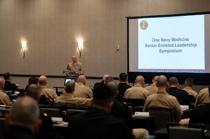 Force Master Chief Michael Roberts, director of the Hospital Corps, speaks during the 2023 Navy Medicine Senior Enlisted Leadership Symposium in San Antonio, Texas March 14, 2023. Representatives from 78 Navy Medicine commands gathered for a 3-day event to discuss Navy Medicine’s transition to expeditionary medicine.
