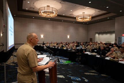 Force Master Chief Michael Roberts, director of the Hospital Corps, speaks during the 2023 Navy Medicine Senior Enlisted Leadership Symposium in San Antonio, Texas March 14, 2023. Representatives from 78 Navy Medicine commands gathered for a 3-day event to discuss Navy Medicine’s transition to expeditionary medicine.