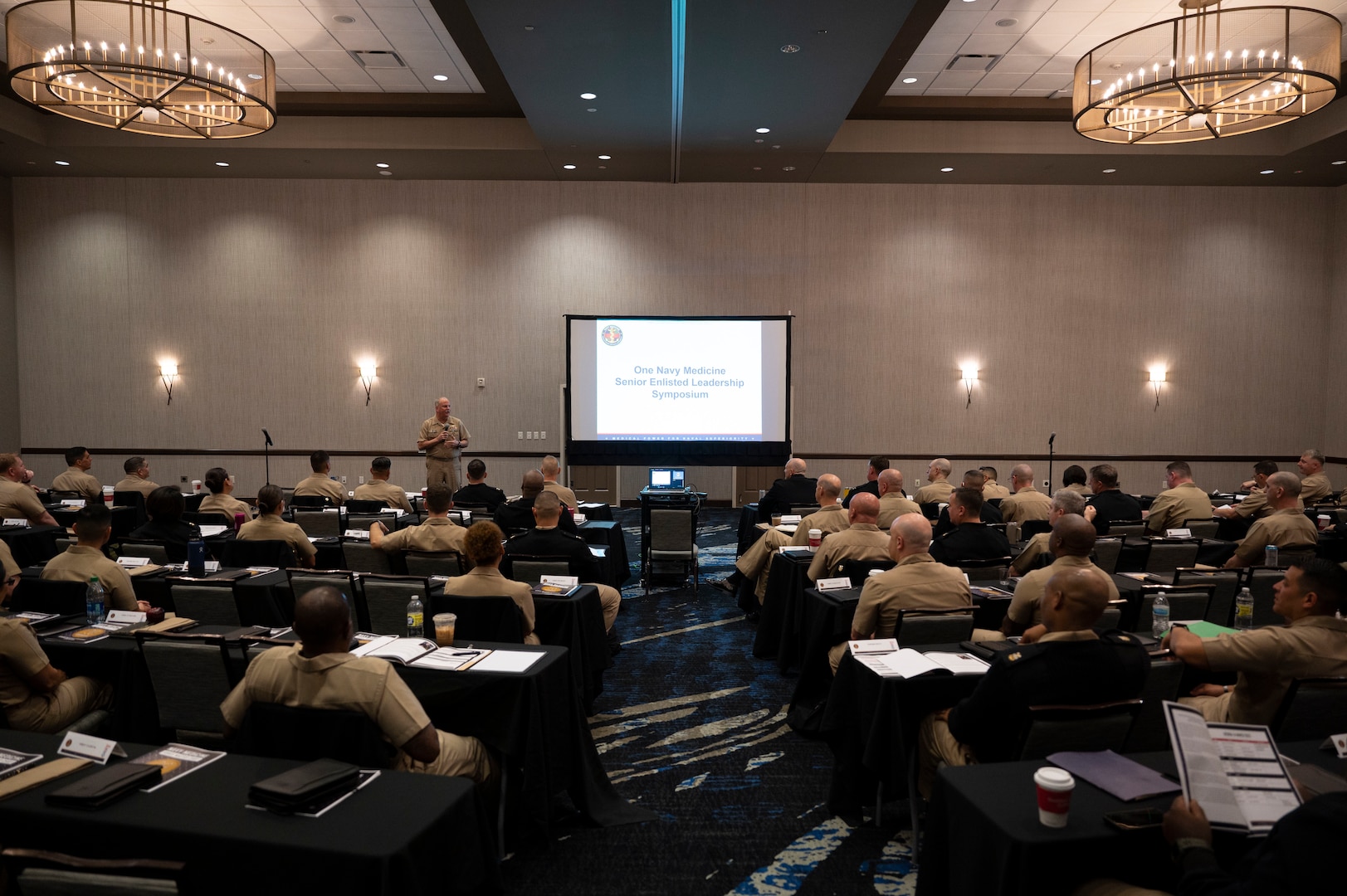 Rear Adm. Bruce Gillingham, Navy Surgeon General, speaks during the 2023 Navy Medicine Senior Enlisted Leadership Symposium in San Antonio, Texas March 14, 2023. Representatives from 78 Navy Medicine commands gathered for a 3-day event to discuss Navy Medicine’s transition to expeditionary medicine.