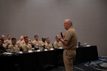 Rear Adm. Bruce Gillingham, Navy Surgeon General, speaks during the 2023 Navy Medicine Senior Enlisted Leadership Symposium in San Antonio, Texas March 14, 2023. Representatives from 78 Navy Medicine commands gathered for a 3-day event to discuss Navy Medicine’s transition to expeditionary medicine.