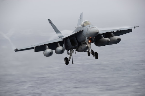 An F/A-18E Super Hornet from VFA-37 prepares to land aboard USS Gerald R. Ford (CVN 78) in the Atlantic Ocean.