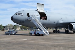 an aircraft prepares to receive cargo