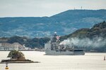 The amphibious dock landing ship USS Ashland (LSD 48) departs Commander, Fleet Activities Sasebo, Japan (CFAS) March 22, 2023. Ashland’s new homeport will be San Diego after serving as a forward-deployed ship in U.S. 7th Fleet since August 2013. (U.S. Navy photo by Mass Communication Specialist 1st Class Jeremy Graham)