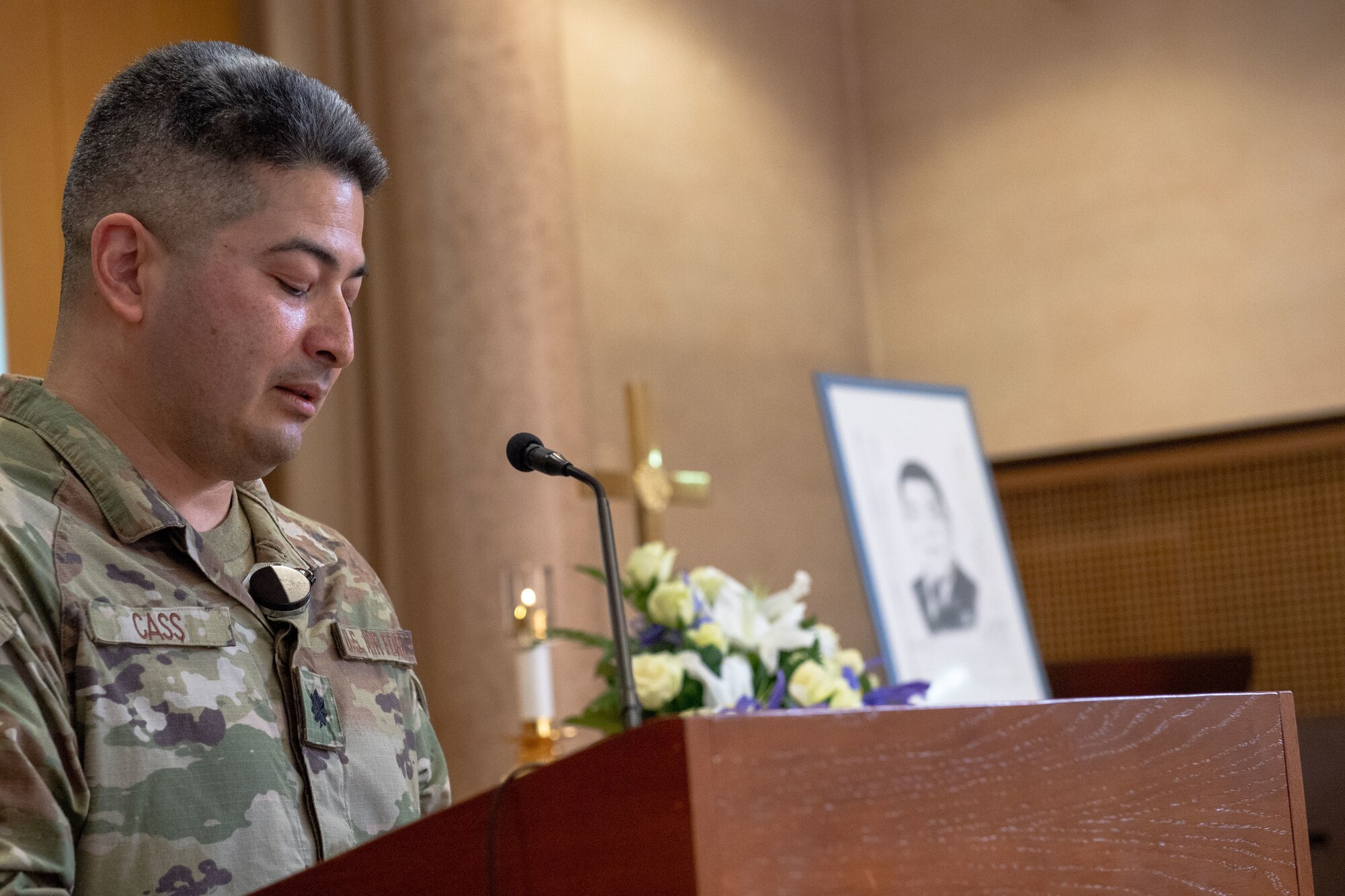Lt. Col. Christopher Cass, 31st Fighter Wing control point officer in charge, speaks at the memorial ceremony dedicated to Tech. Sgt. Christopher “Penny” Pentecostes
