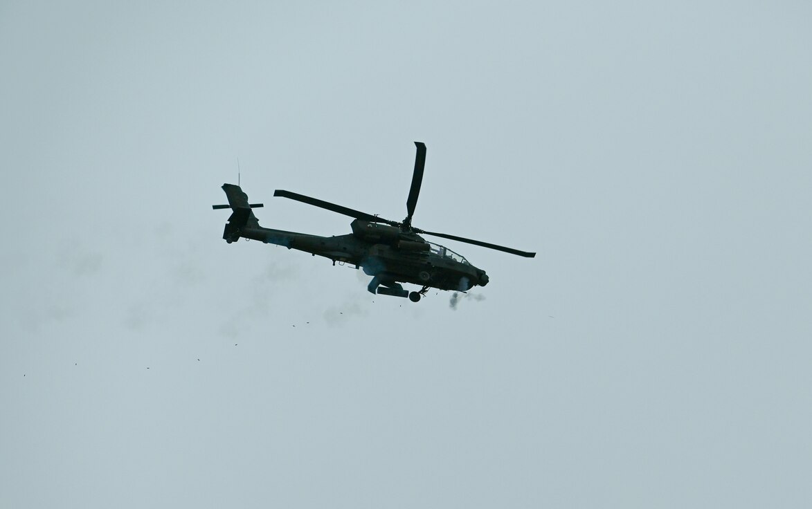 Brigadier General Charlene Dalto, land component commander, and Command Team observe a live-fire aerial gunnery training exercise with 1st Attack Battalion, 211th Aviation Regiment, at the Utah Test and Training Range by Barro, Utah, Mar. 14, 2023. This training event was in preparation for the Joint Readiness Training Center (JRTC), in Fort Polk, Louisiana. (U.S. Army National Guard Photo by Staff Sgt. Cambrin Bassett)