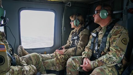 Brigadier General Charlene Dalto, land component commander, and Command Team observe a live-fire aerial gunnery training exercise with 1st Attack Battalion, 211th Aviation Regiment, at the Utah Test and Training Range by Barro, Utah, Mar. 14, 2023. This training event was in preparation for the Joint Readiness Training Center (JRTC), in Fort Polk, Louisiana. (U.S. Army National Guard Photo by Staff Sgt. Cambrin Bassett)