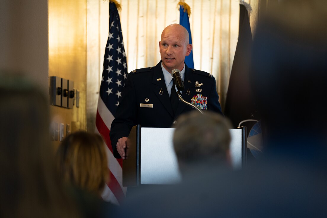 U.S. Air Force Col. David Hanson, Space Base Delta 1 commander, speaks to SBD 1 leadership and civic leaders during the State of the Bases address at Peterson Space Force Base, Colorado, March 21, 2023. During the address, Hanson spoke of SBD 1's three priorities which are sustaining survivable and endurable power projection platforms that enable multidomain operations, building a professional and resilient Total Force and delivering combat-capable forces to win, now and in the future. (U.S. Space Force photo by SrA Jared Bunn)