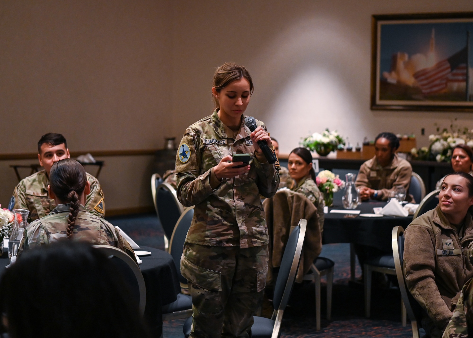 1st Lt. Kadee Klimowicz, 2nd Range Operations Squadron range operations commander, speaks to the guests during the Women's History Month luncheon at Vandenberg Space Force Base, Calif., March 21, 2023. The Vandenberg community came together to celebrate Women's History Month during a luncheon today at the Pacific Coast Club. (U.S. Space Force photo by Senior Airman Tiarra Sibley)