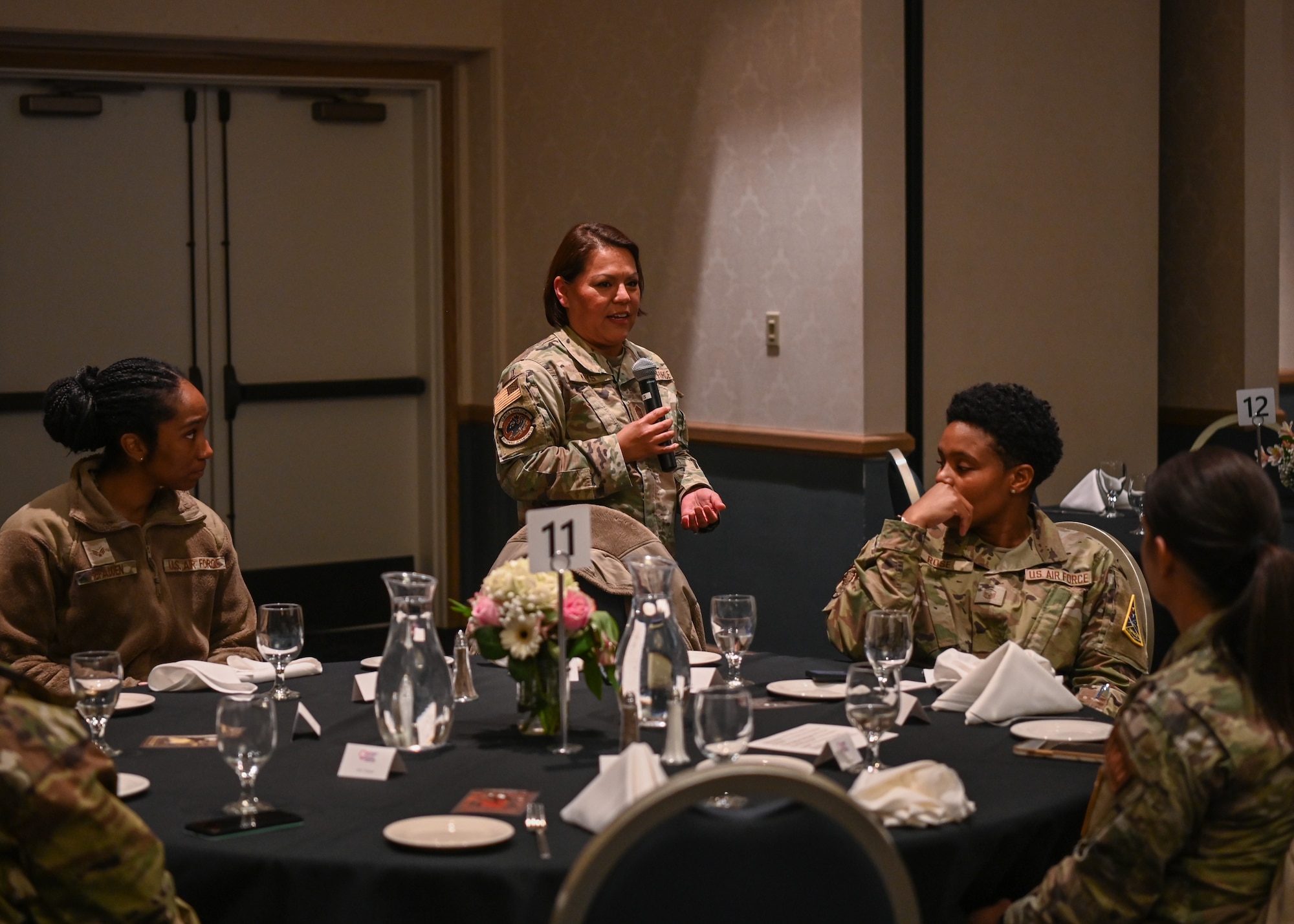 Chief Master Sgt. Diana Keys, 9th Combat Operation Squadron senior enlisted leader superintendent, speaks to the guests during the Women's History Month luncheon at Vandenberg Space Force Base, Calif., March 21, 2023. This year's Women's History Month theme, "Celebrating Women Who Tell Our Stories," acknowledges the pioneering women, past and present, as important contributors to the achievements of the military services and civilian workforce. (U.S. Space Force photo by Senior Airman Tiarra Sibley)