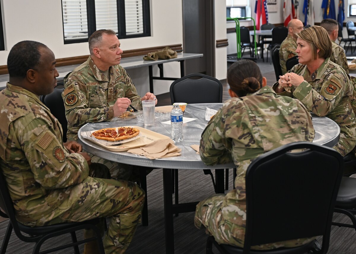 U.S. Air Force Chief Master Sgt. Erik Thompson, command chief of Air Education and Training Command, shares lunch with senior enlisted leaders from Second Air Force and the 17th Training Wing at the Cressman Dining Facility, Goodfellow Air Force Base, Texas, March 20, 2023. Thompson invited chiefs from across AETC to join him and learn about near-peer threat competitors the Air Force faces. (U.S. Air Force photo by Senior Airman Ethan Sherwood)