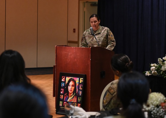 Chief Master Sgt. Sonora Vasquez, 30th Force Support Squadron senior enlisted leader, serves as the guest speaker during the Women's History Month luncheon at Vandenberg Space Force Base, Calif., March 21, 2023. Throughout the luncheon several women from team Vandenberg shared their life and career stories with the audience. (U.S. Space Force photo by Senior Airman Tiarra Sibley)