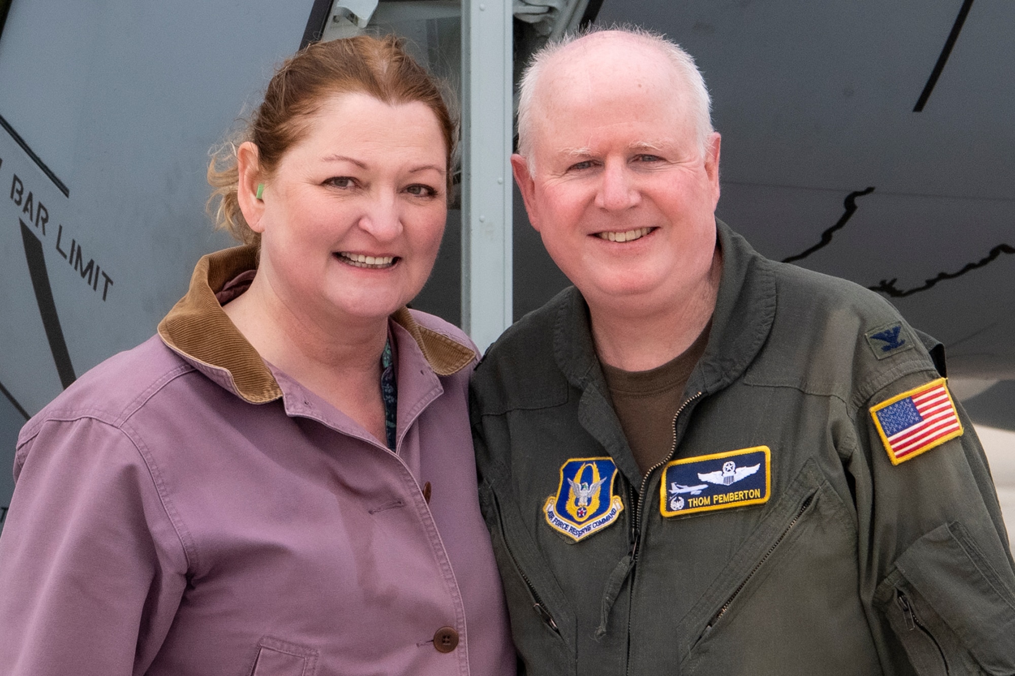 Col. Thom Pemberton, 434th Air Refueling Wing commander, and his wife Dawn are all smiles following his final flight at Grissom March 21, 2023. Pemberton is scheduled to retire in May following 38 years of military service. (Photo by Tech. Sgt. Jami Lancette)