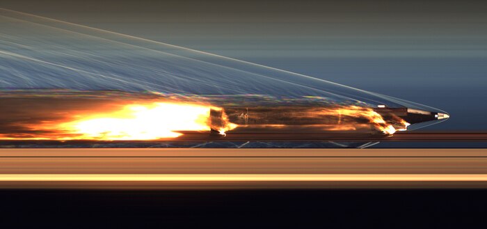 A hypersonic sled travels 6,400-feet per second on a monorail and is recovered as part of the Hypersonic Sled Recovery effort at the Arnold Engineering Development Complex High Speed Test Track at Holloman Air Force Base, N.M., April 7, 2022. This test marked the fastest recovery of a monorail sled in over 30 years. (U.S. Air Force photo by Deidre Moon)