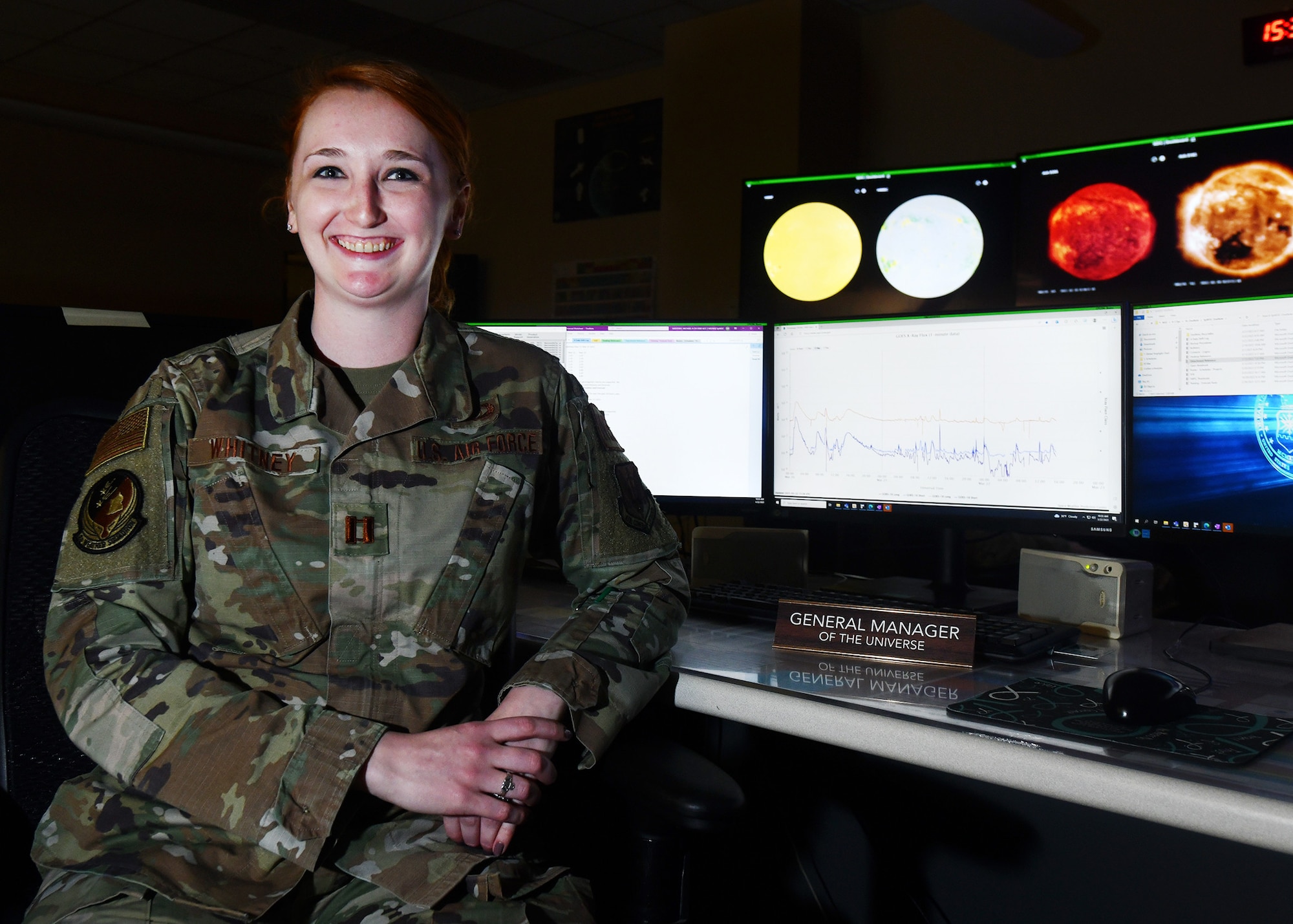 Capt. Taylor Whitney Aegerter, the Space Weather Flight commander for the 2d Weather Squadron, 557th Weather Wing takes a moment away from studying the sun and the effects it has on the Earth so we could honor her for Women’s History Month.
