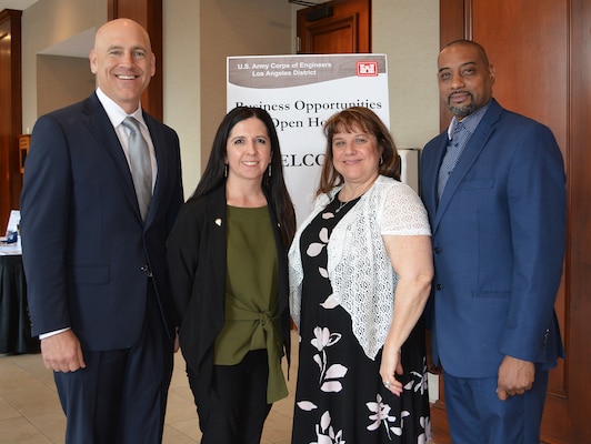 From left to right, Eric Ravelli, deputy director of the Small Business Program for the U.S. Army Corps of Engineers Los Angeles District; Stephanie Parra, Small Business Program specialist for the Corps’ Albuquerque District; Michelle Morales, procurement specialist for the Small Business Program with the Corps’ Sacramento District; and Vernon Simpkins, deputy for the Small Business Program for the Corps’ Sacramento District, pose for a picture following the March 8 Business Opportunities Open House in Rosemead, California.