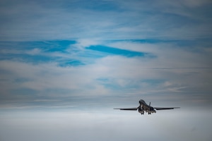A B-1B Lancer takes off from Dyess Air Force Base, Texas, March 22, 2023. In preparation for possible inclement weather, Dyess Airmen rapidly prepared over a dozen aircraft to relocate, successfully demonstrating America’s Lift and Strike Base’s ability to achieve dynamic force employment while using agile combat employment. The B-1s were temporarily relocated to Holloman Air Force Base, New Mexico, while the C-130s flew to several airfields throughout the United States. (U.S. Air Force photo by Airman Emma Anderson)