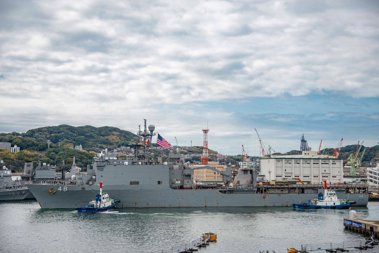 The amphibious dock landing ship USS Ashland (LSD 48) departs Commander, Fleet Activities Sasebo, Japan (CFAS) March 22, 2023. Ashland’s new homeport will be San Diego after serving as a forward-deployed ship in U.S. 7th Fleet since August 2013.